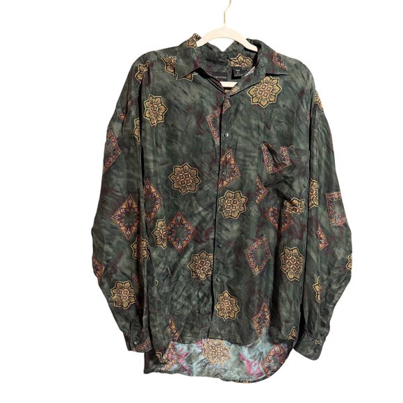 Vintage Structure 100% Silk Abstract Festival Button Down Shirt Men's Large - Picture 1 of 7